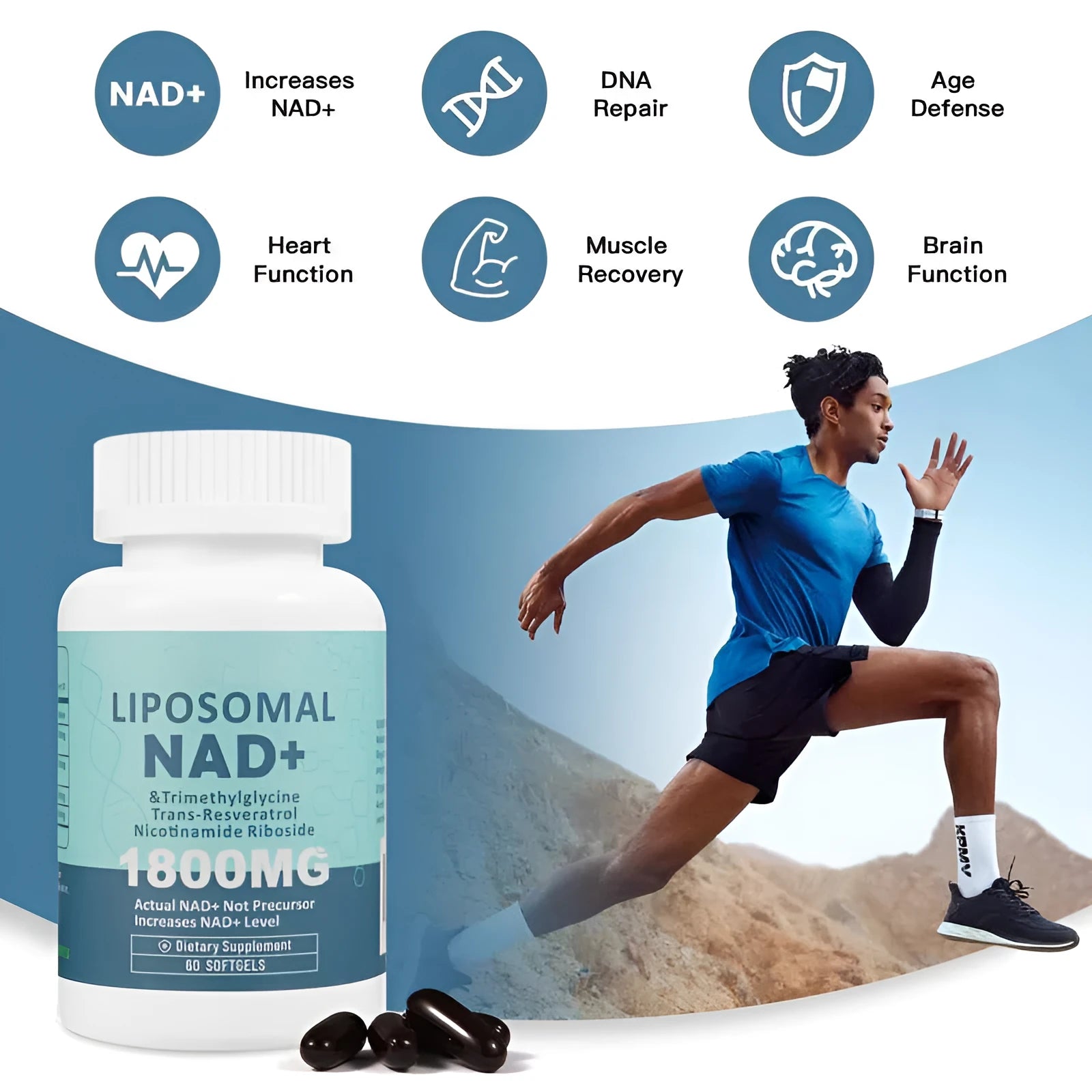 Bottle of NMN dietary supplement capsules with choice of 60 or 120 pieces per container
