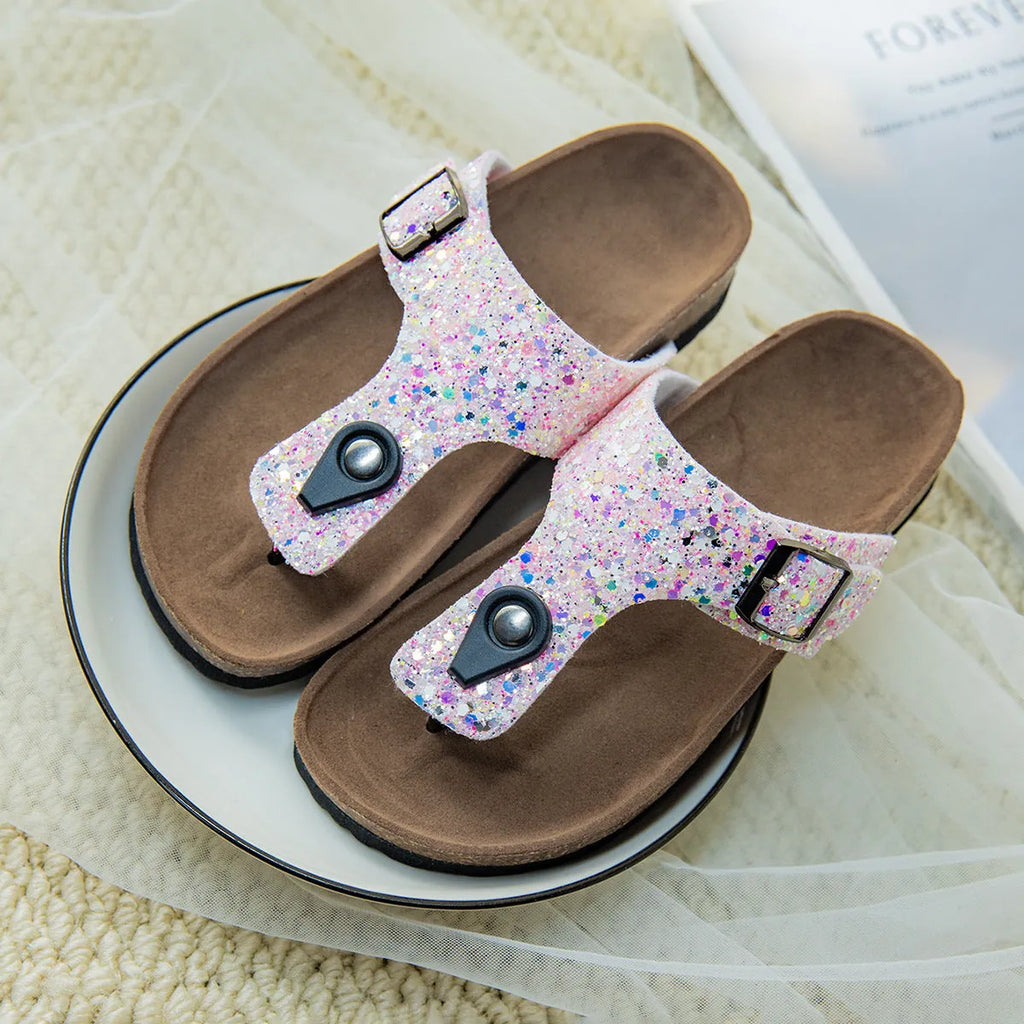 Cork flip-flops couples shoes in gold pink silver colours with PVC soles and artificial leather upper