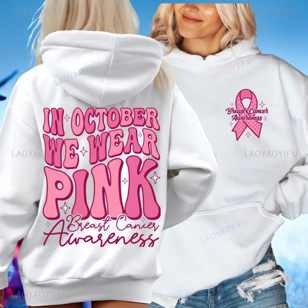 Breast Cancer Awareness hoodie with retro pattern and side pocket in pink, white, khaki, or black.