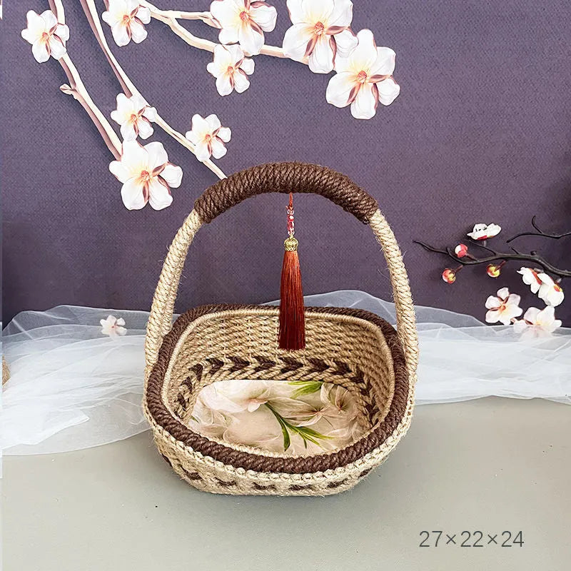 Hand-woven hemp rope basket with straw lining in pastoral retro style