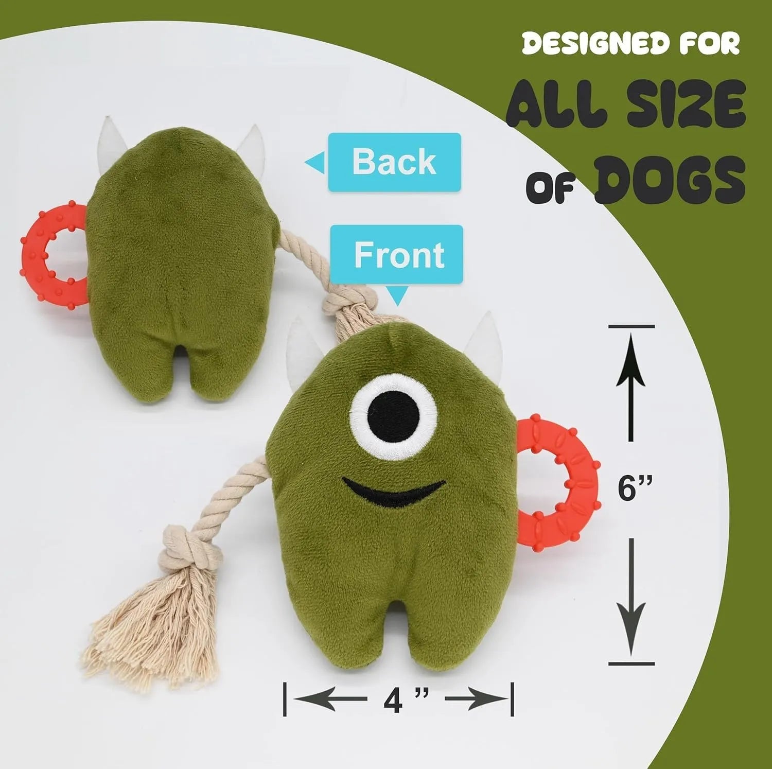 Large blue plush dog toy with cotton rope tug elements and squeaker for aggressive chewers