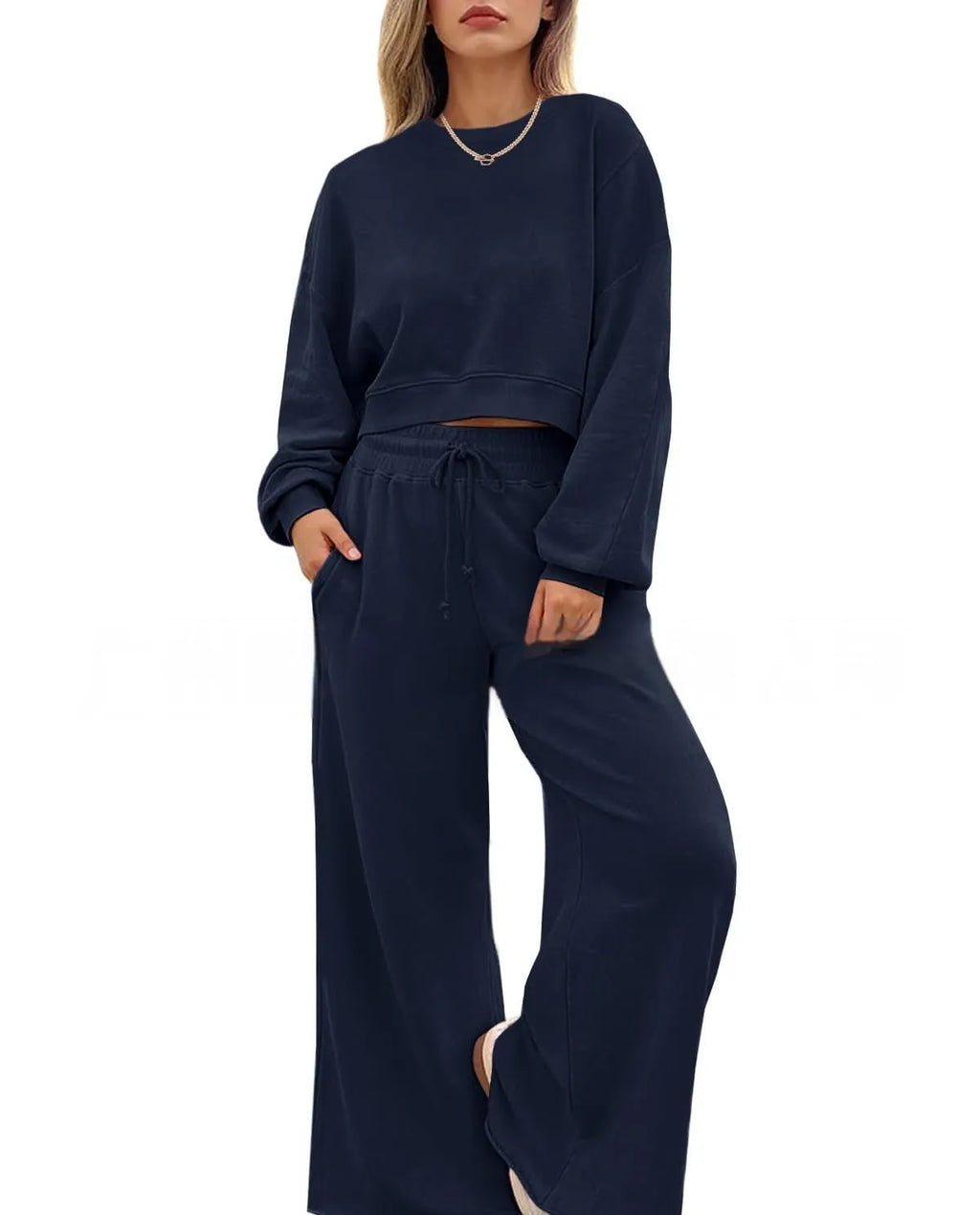 Women's solid colour casual two-piece set with long sleeves and trousers in polyester fabric