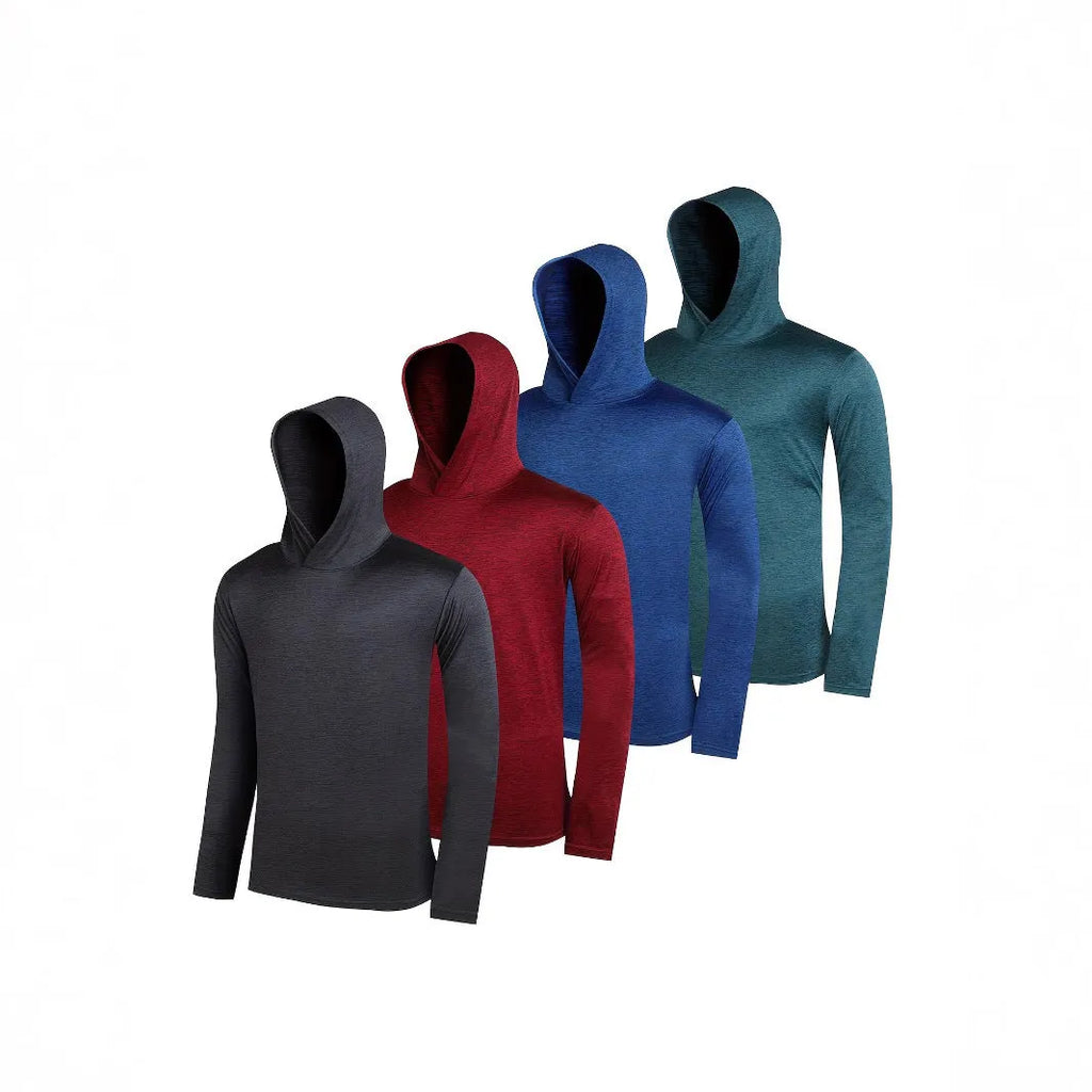 Four men's lightweight hoodies in elastic polyester fibre showing five colour options and size range S to XXXL