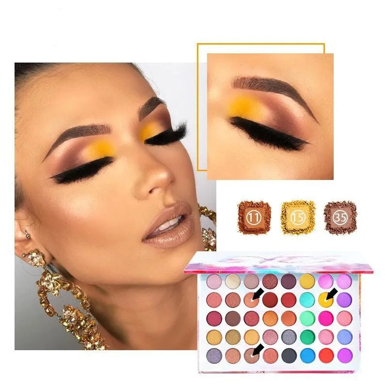 Shimmer matte eye shadow palette with eight shades including purple, blue, black, sky blue, caramel, watermelon red, cameo brown, and peacock blue