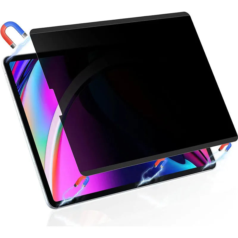 Magnetic iPad privacy screen protector and storage clip on a table