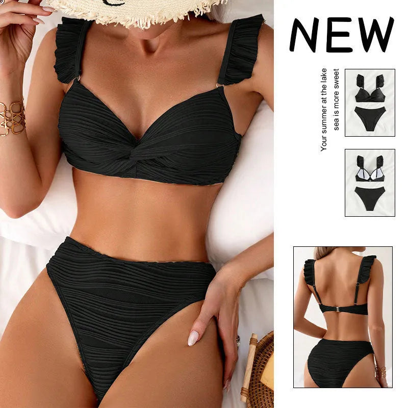 Women's solid colour bikini swimsuit in black or khaki, made from polyester.