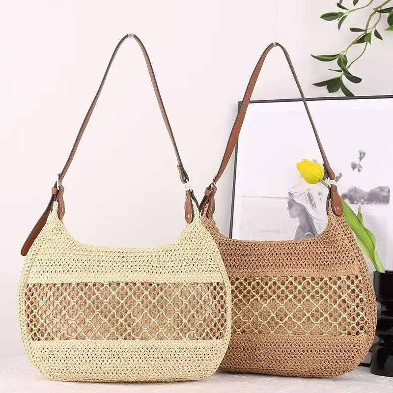 Women's straw cross body bag in horizontal square shape with sandwich pocket, khaki colour option