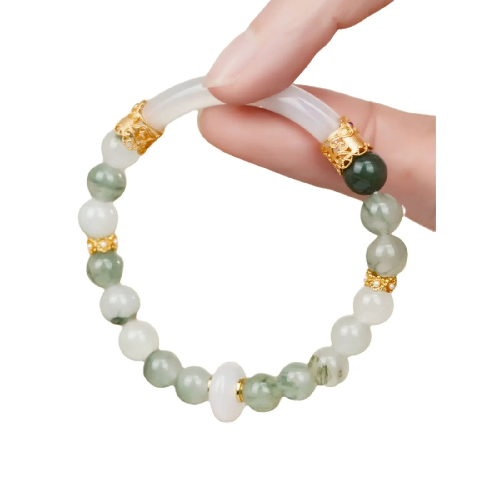 Emerald Green Tian Shan Cui women's bracelet with round beads in a Chinese national style.