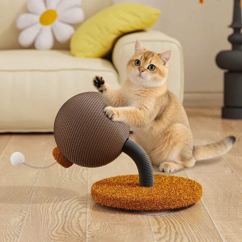 Large and small hemp rope cat scratch board with cat grasping ball or tumbler design.