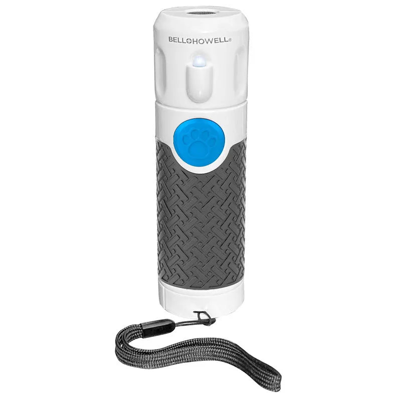 White handheld ultrasonic dog bark training device on a white background.