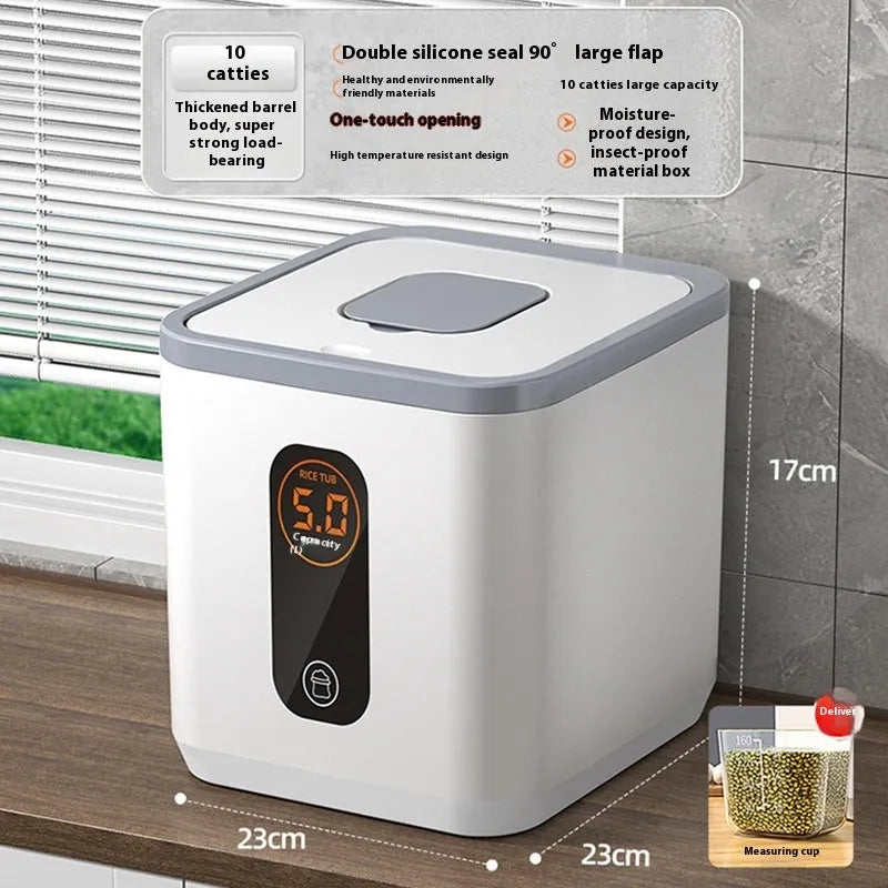 Grey plastic rice storage jar with airtight lid and measuring cup in 10kg, 20kg, or 30kg capacity options