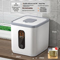 Grey plastic rice storage jar with airtight lid and measuring cup in 10kg, 20kg, or 30kg capacity options