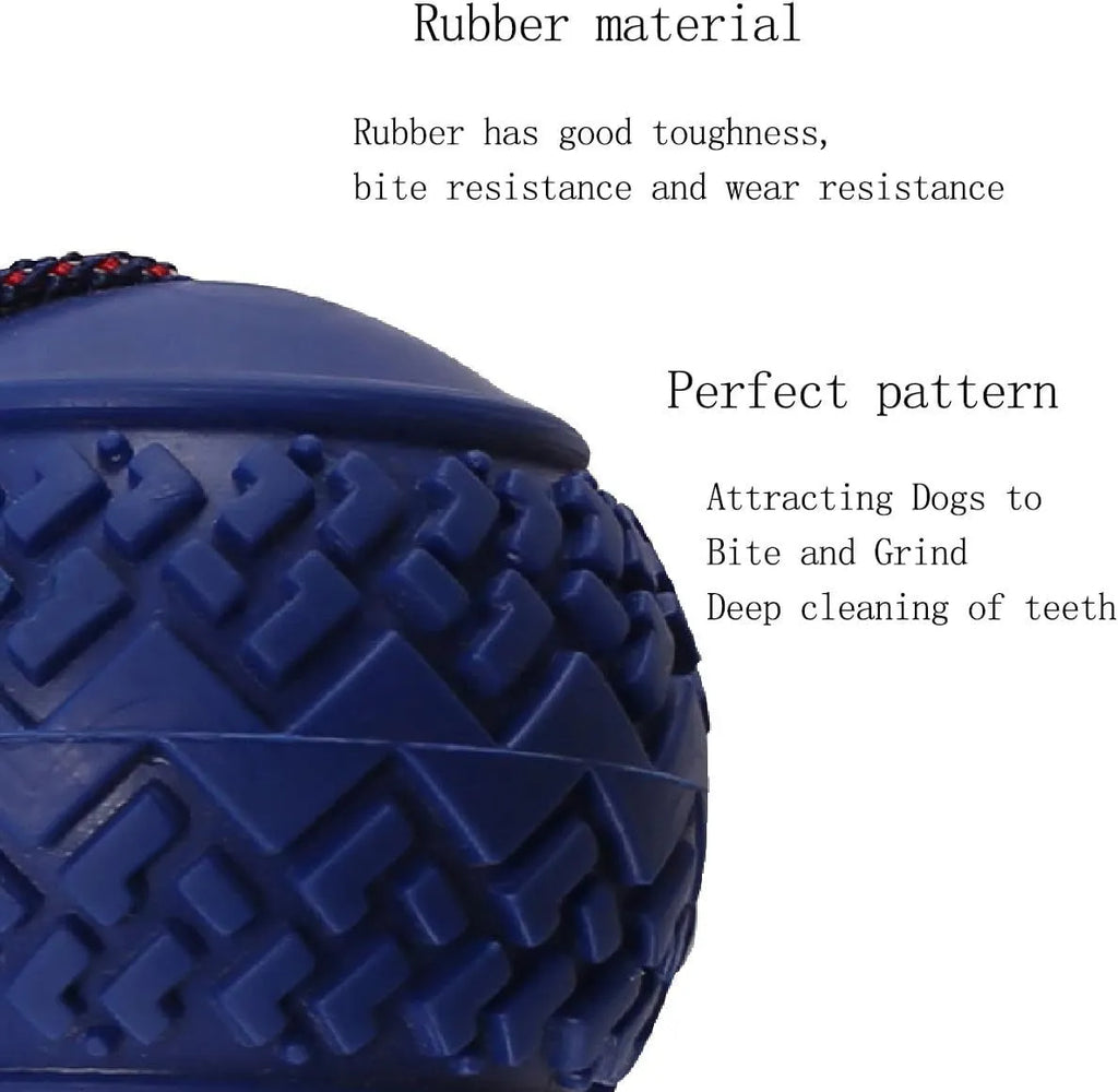 Blue and red natural rubber dog ball with attached rope toy for medium and small breeds.