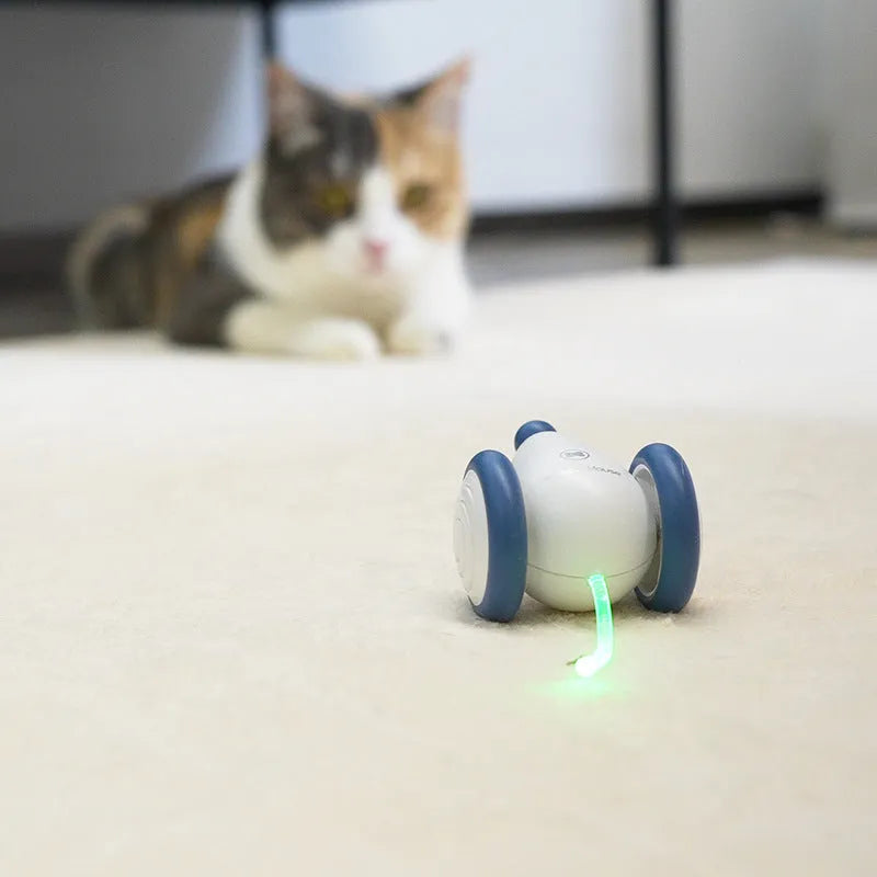 Blue and yellow automatic electric cat mouse toy with USB charging, 60x50x36mm body and 135mAh battery