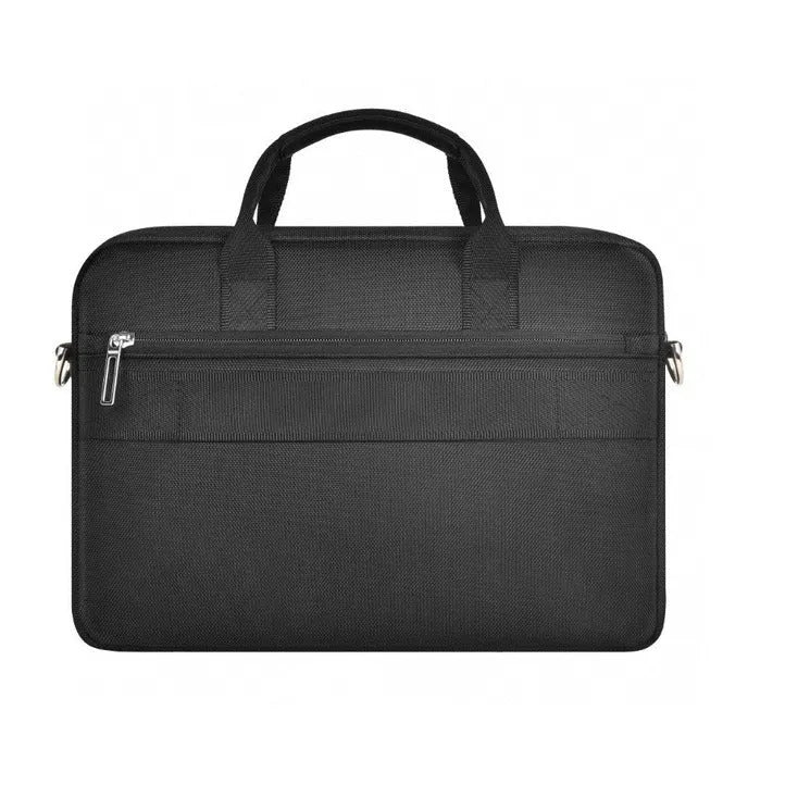 Black Oxford cloth laptop backpack with multiple pockets and a lock, shown in 14 inch and 15.6 inch sizes.