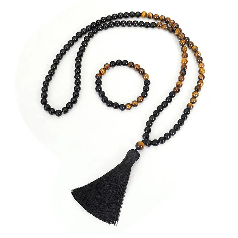 Tiger eye stone necklace with tassel pendant on ball bead chain