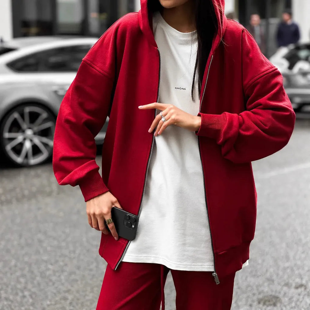 Street style long-sleeved coat and trousers two-piece set in loose fit polyester