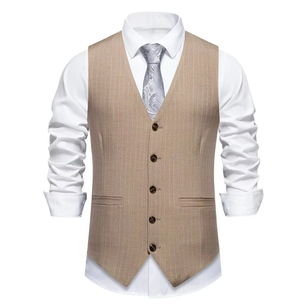 Men's striped suit vest in polyester with Miter bottom hem, shown in black, khaki, and red colour options.