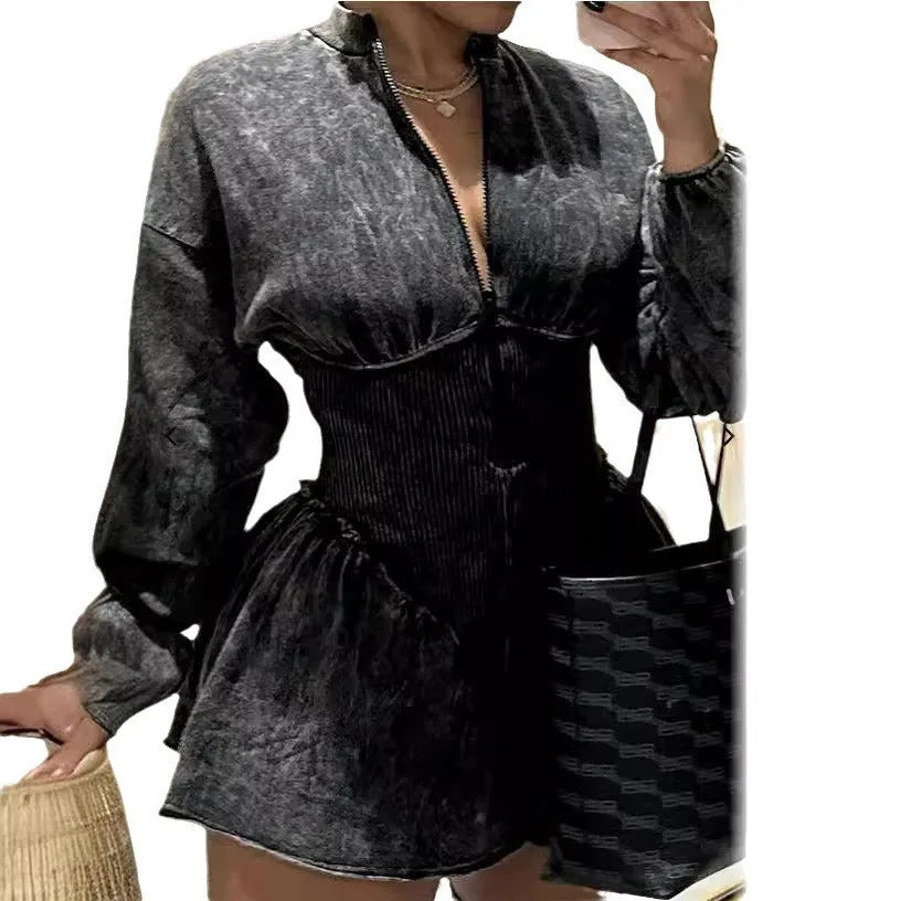 Grey women's dress with digital printing and drawstring waist in A-line silhouette