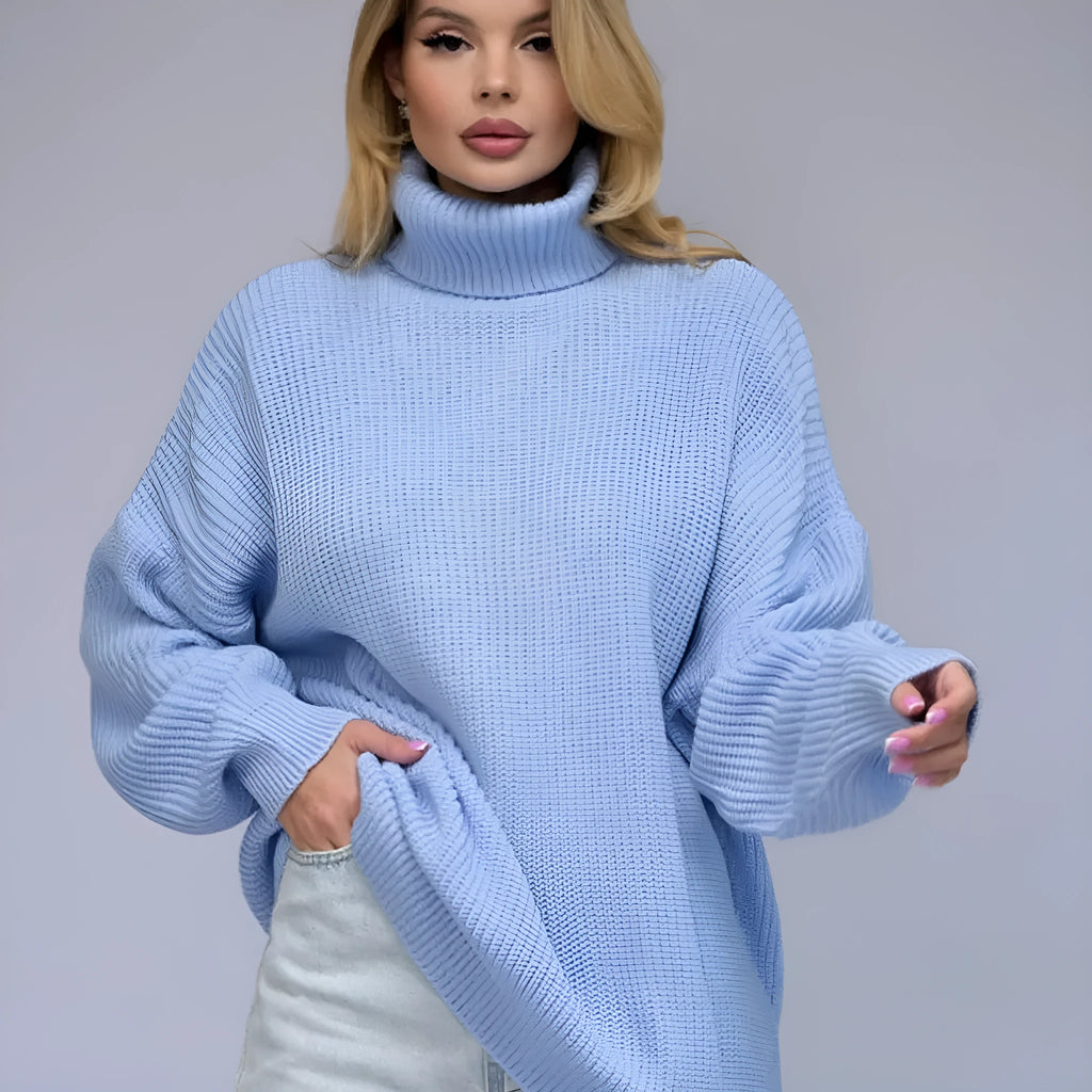 Women's high neck pullover sweater in imitation cashmere polyester with 3D pattern and loose fit