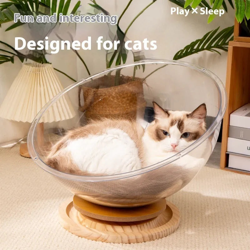 Transparent acrylic cat space capsule turntable bed in bathtub shape on rotational base