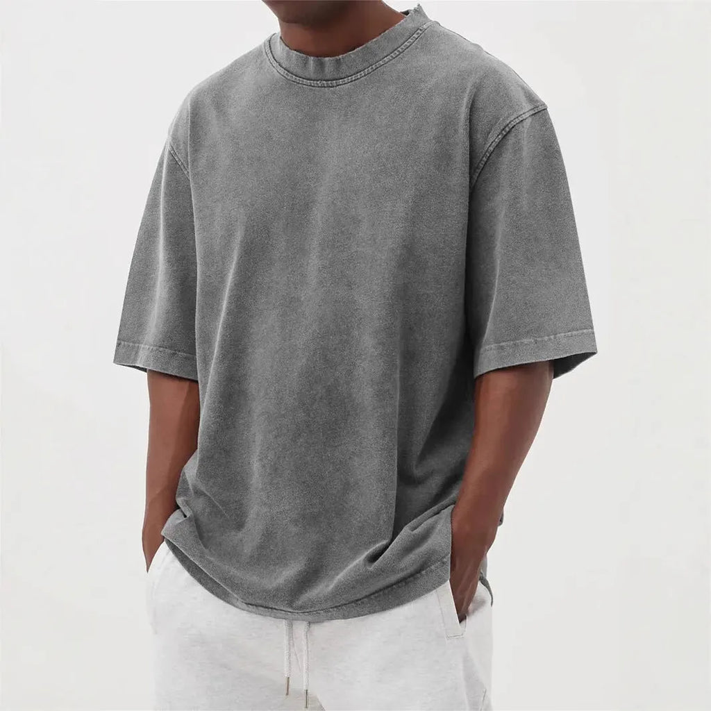 Men's stone-washed polyester pullover t-shirt in army green colour with loose fit design