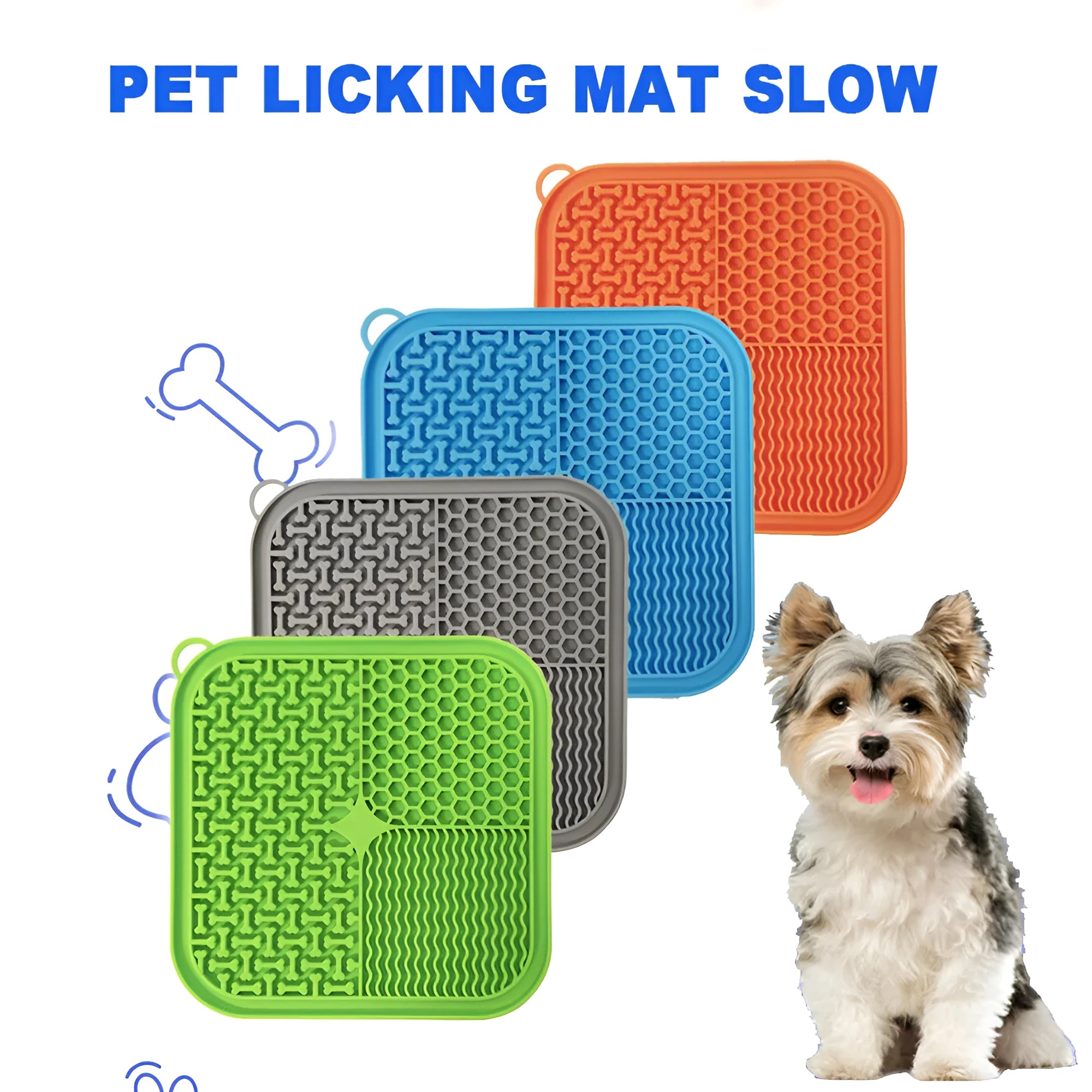 Square silicone dog licking mat with textured surface and suction cups on reverse side
