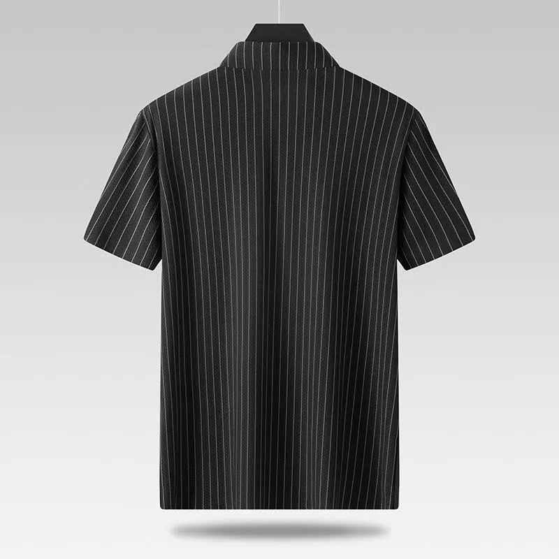 Men's black and khaki striped plus size casual shirt with square collar in loose fit