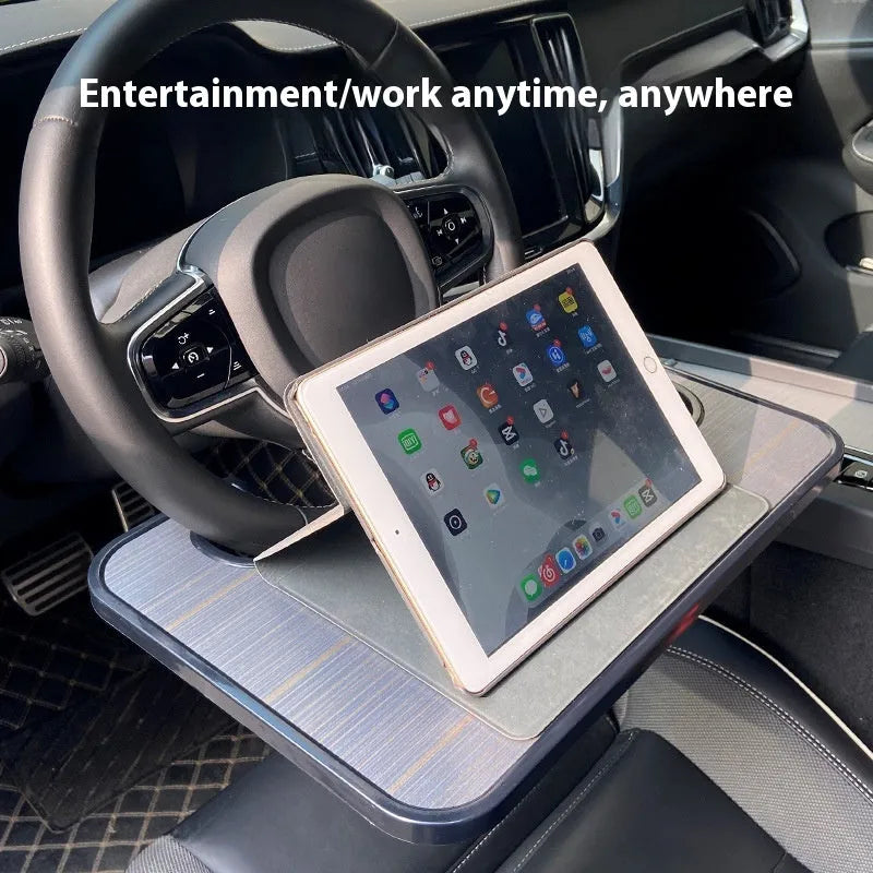 Foldable black car steering wheel laptop stand with cup holder accessory on 42x28cm surface