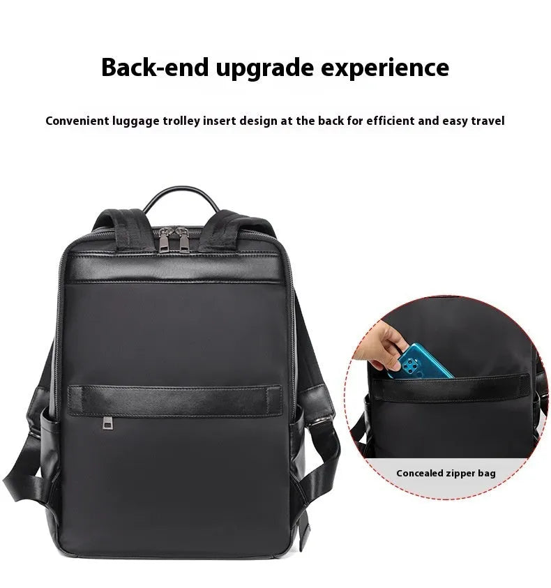 Men's black genuine leather computer backpack with curved back plate showing litchi grain texture and substantial 36-55L capacity.