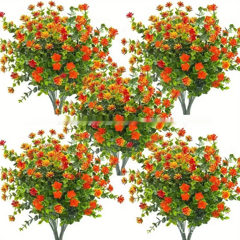Emulational plastic artificial bouquet with eucalyptus and camellia design in mixed colours on white background
