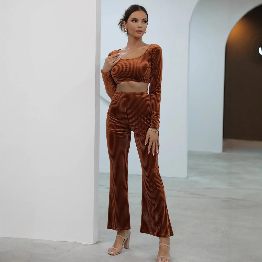 Caramel-coloured long sleeve sweater and trouser casual set on hanger