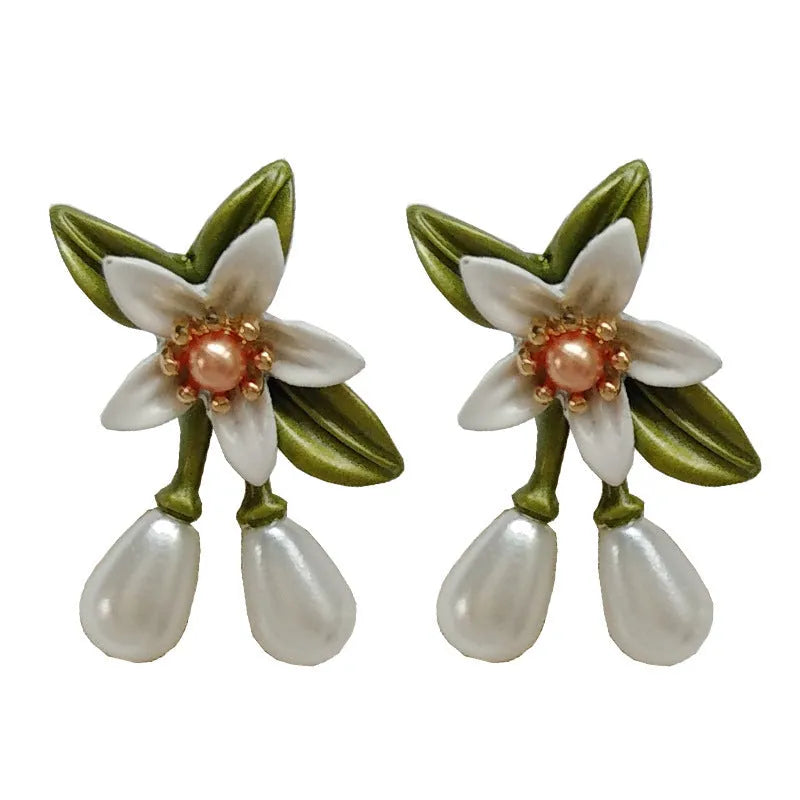 Alloy flower earrings with silver needle camellia detailing and contrasting colours