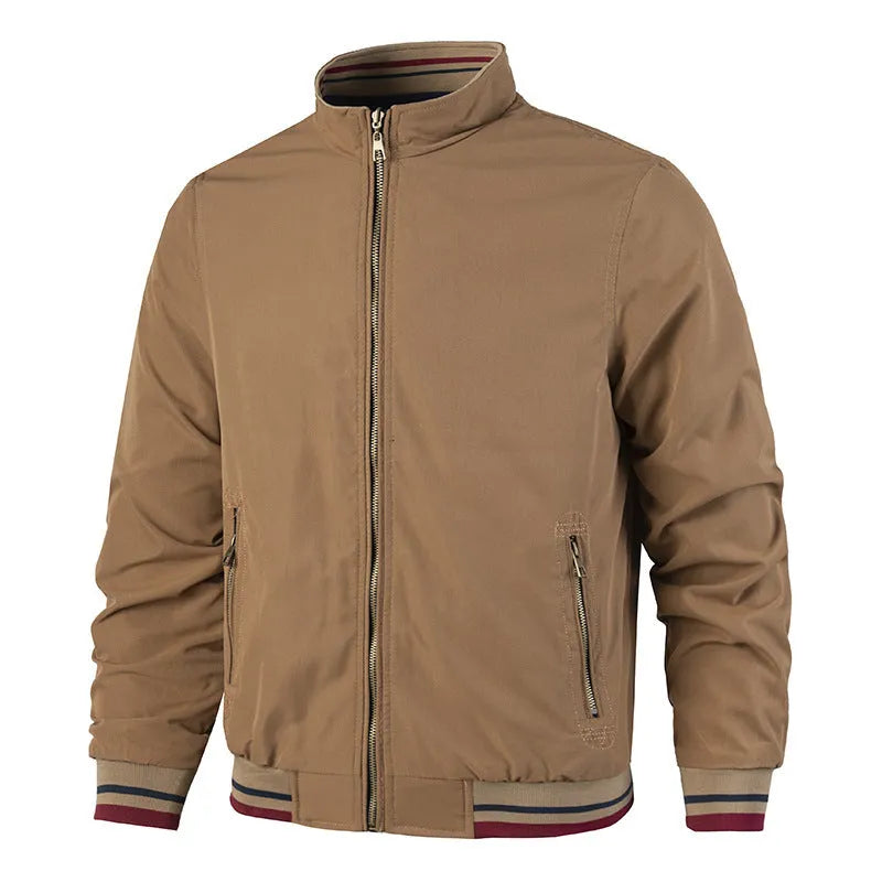 Men's double-sided wear stand-up collar casual jacket in army green, khaki, or black, sizes M to 6XL.
