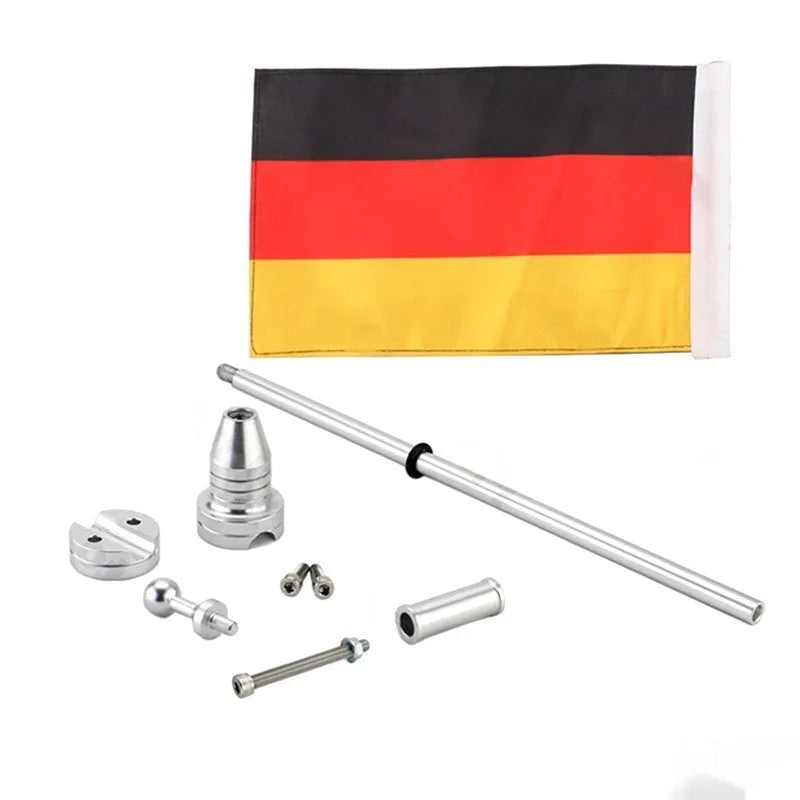 Motorcycle luggage box flagpole for mounting flags on panniers and tail boxes