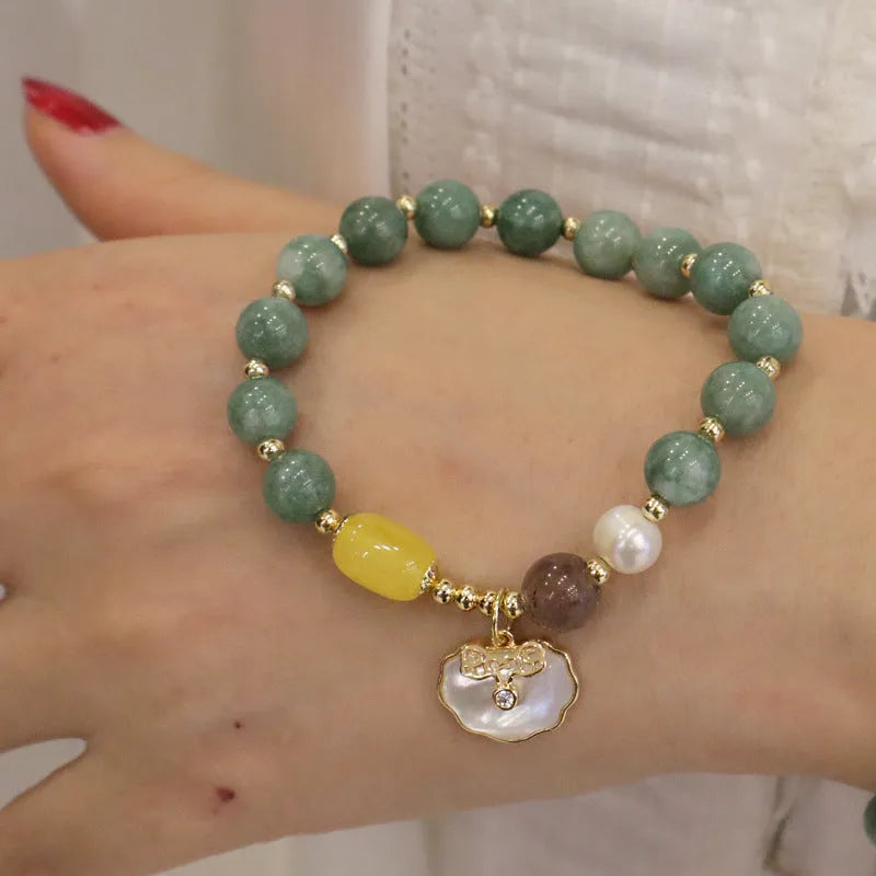 Natural green jade shell bracelet on adjustable cord for women's casual jewellery