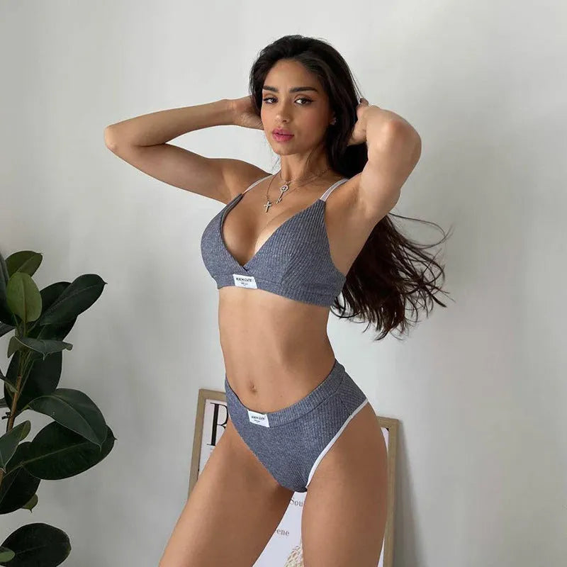Women's grey embroidered bikini set with contrast binding letters on polyester fabric