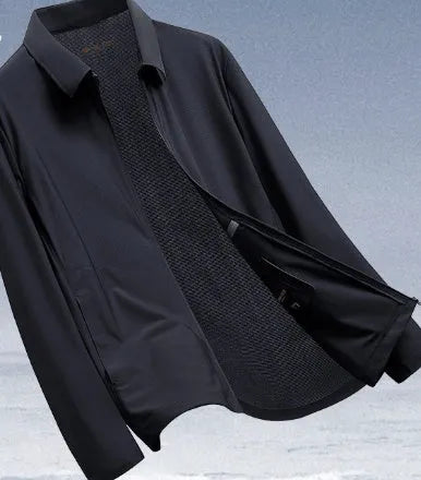Men's navy blue business shirt with summer lapels made from ice silk polyamide fabric for office wear