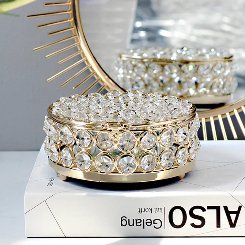 French gold metal jewellery box with transparent crystal glass panels showing jewellery inside