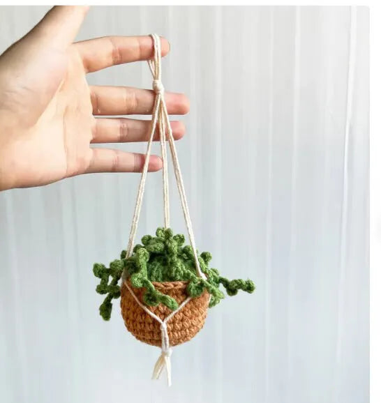 Green and white knitted wool macramé car air plant holder with hanging cord
