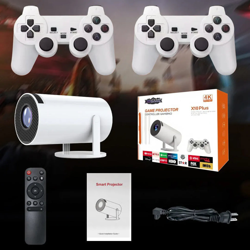 White Barrel X10 PLUS portable projector with gamepad and remote control on table