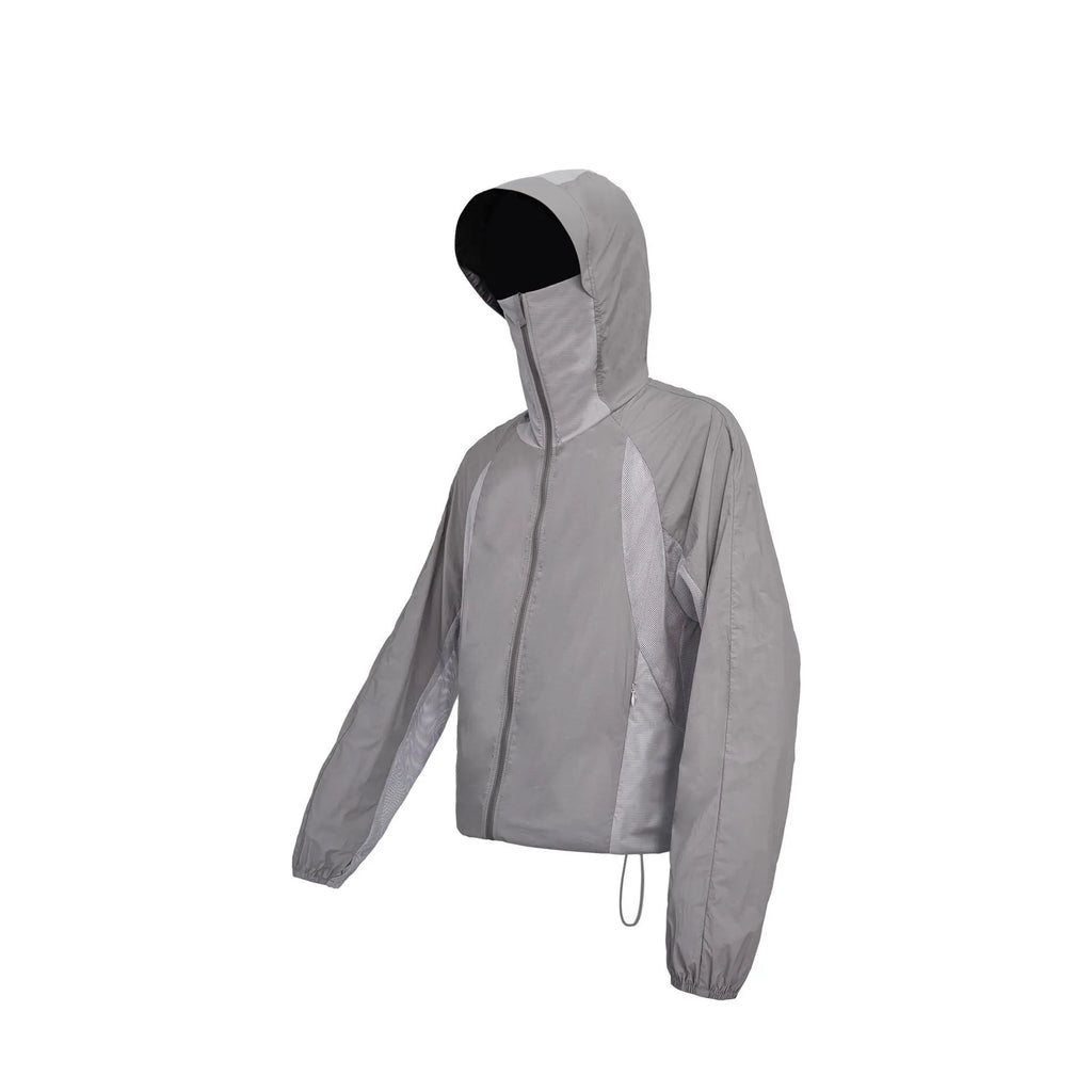 Mesh-stitched sun protective clothing in desert brown, light grey, red or blue.