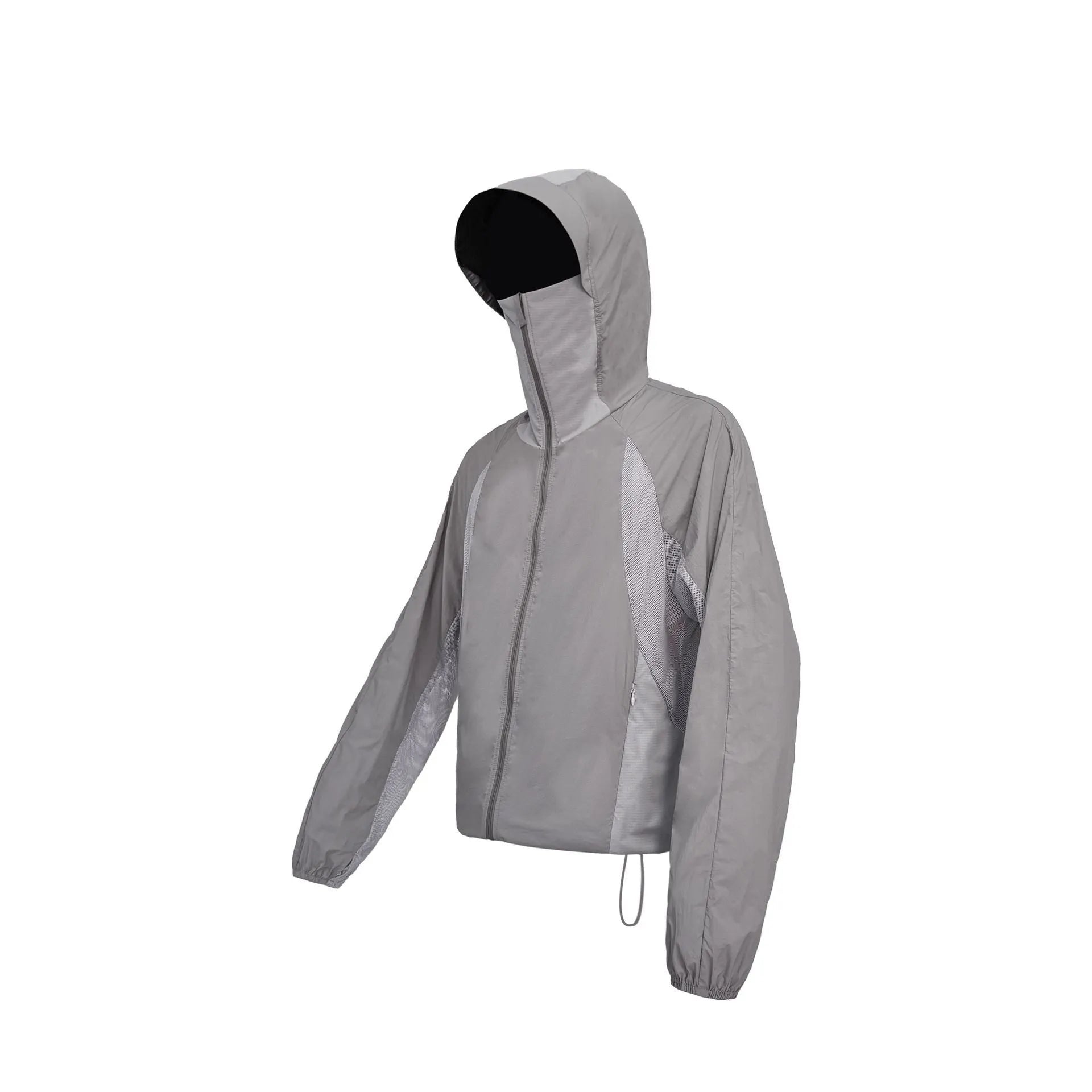 Mesh-stitched sun protective clothing in desert brown, light grey, red or blue.