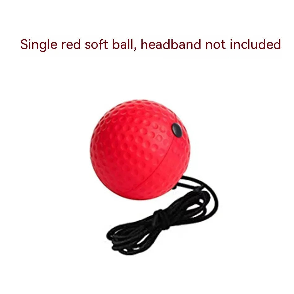 Head-mounted boxing reaction training ball set showing adjustable headbands and different coloured balls.
