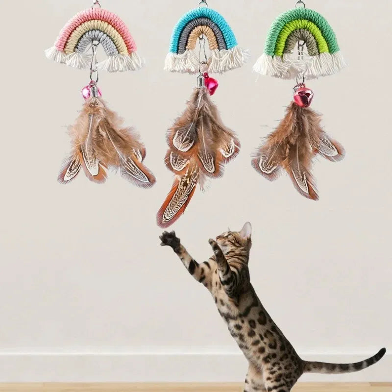 Feather cat rope door swing toy with elastic cord and sticky buckle clamp in blue colour
