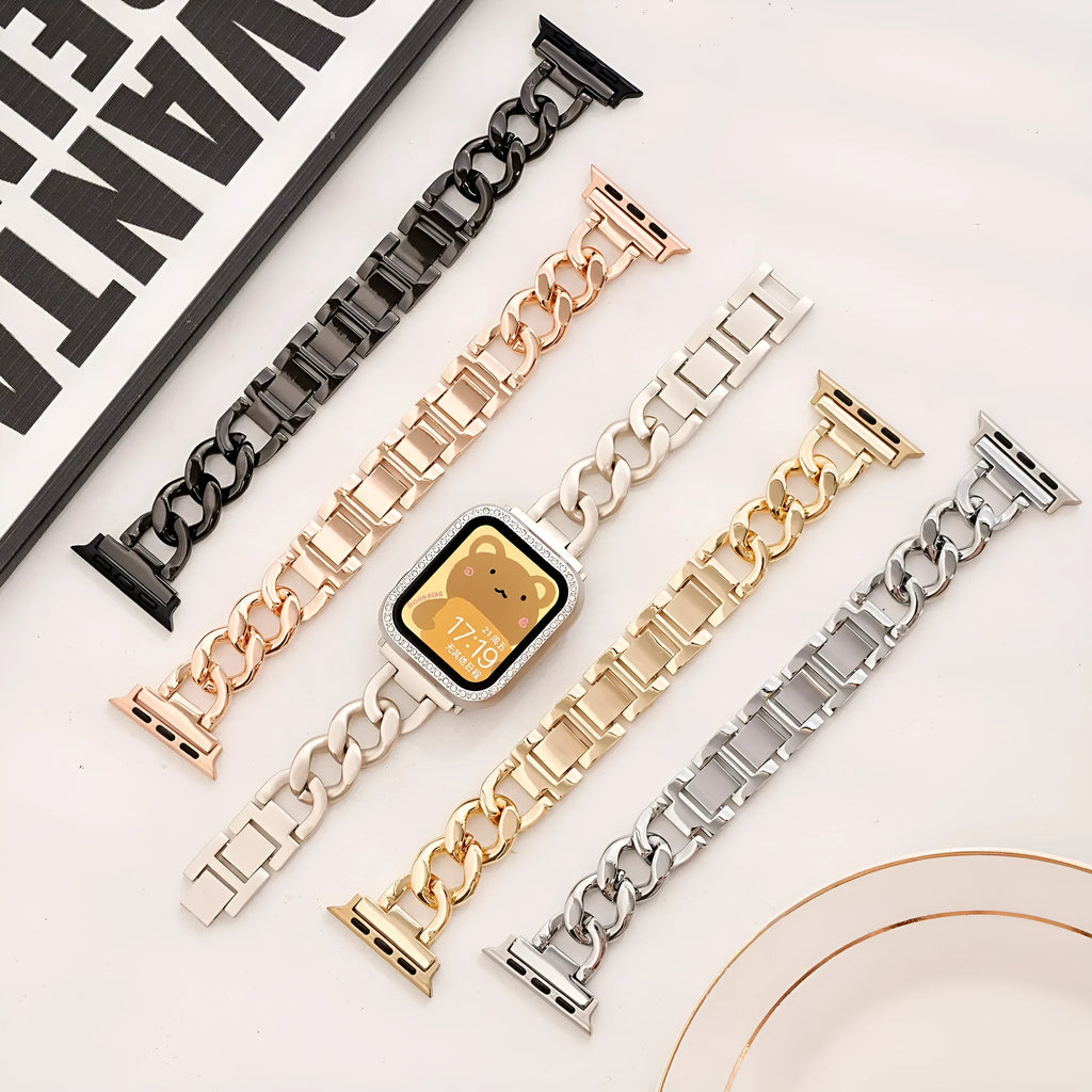 Silver metal chain link Apple Watch strap with 22mm lugs on a watch case