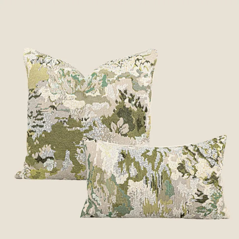 Antique green wool blended pillow with abstract spring flower pattern in French Chinese style
