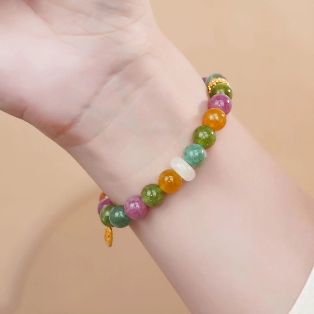 Rainbow coloured tourmaline half bracelet for women with electroplated finish