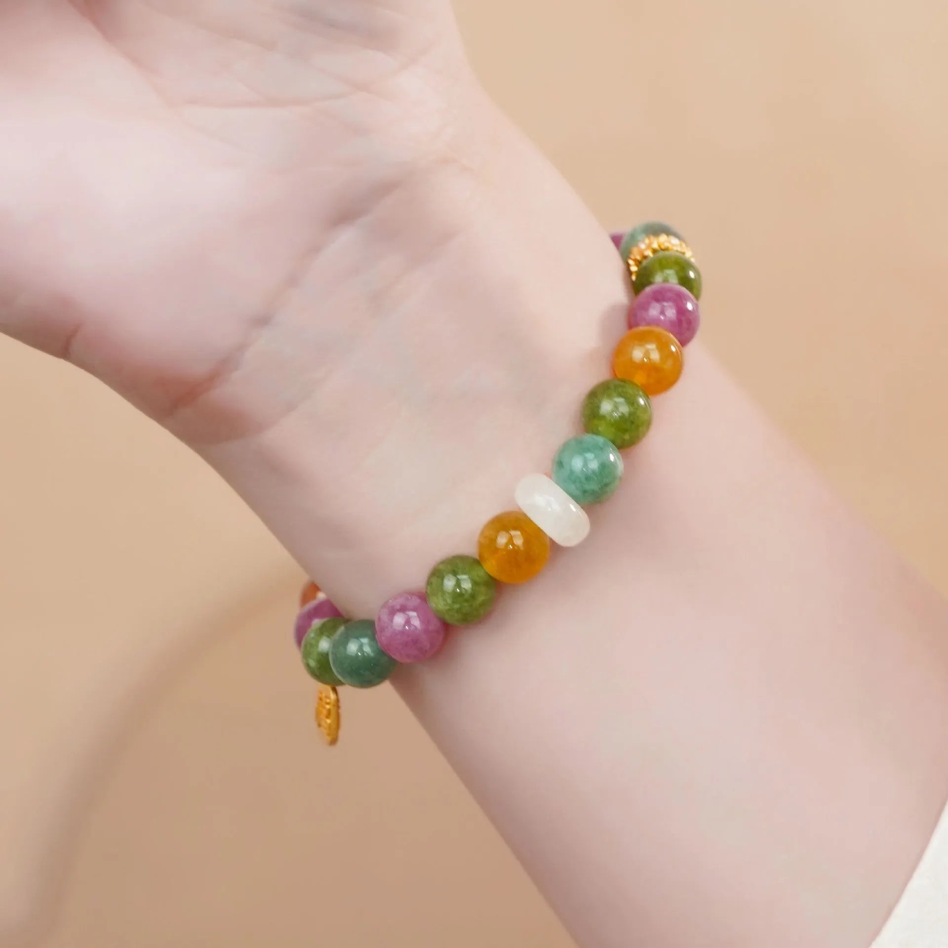 Rainbow coloured tourmaline half bracelet for women with electroplated finish