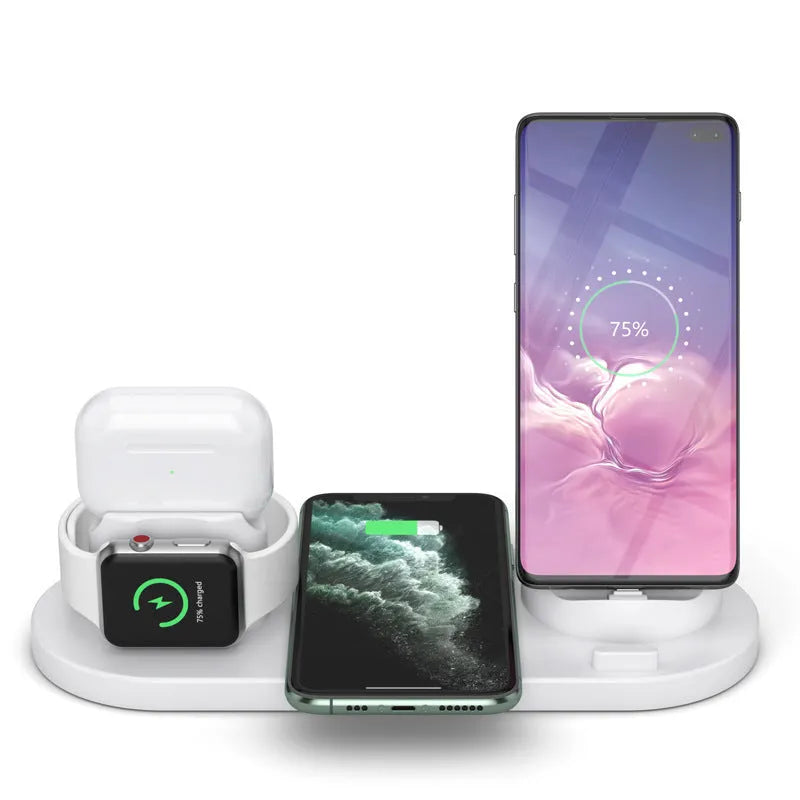 Black and white 6-in-1 wireless charging mobile phone holder showing adjustable stand and charging ports